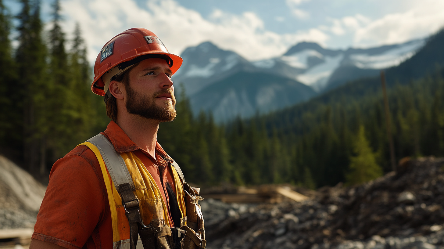 Strong and determined construction worker standing in front of the vast Canadian wilderness, representing skilled home service professionals across Canada.