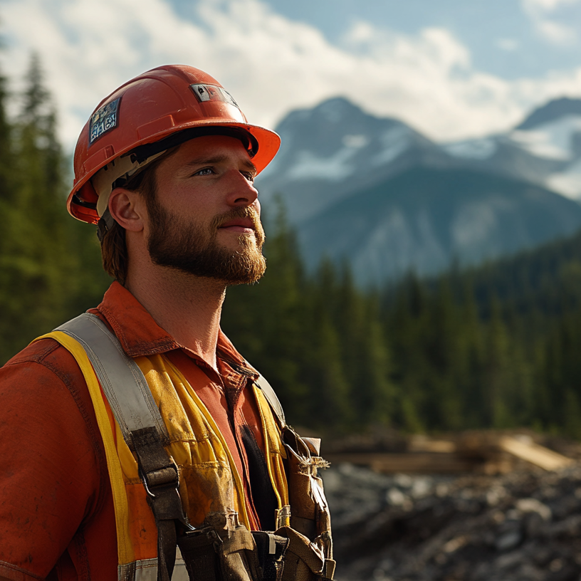 Strong and determined construction worker standing in front of the vast Canadian wilderness, representing skilled home service professionals across Canada.