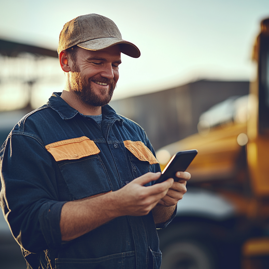 A smiling tradesperson looking at their smartphone on-site, suggesting a positive mobile experience using the Masters' Guild platform.